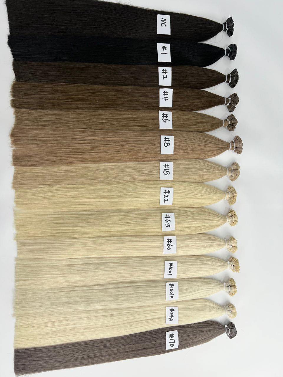 Solid color hair swatches — NC, 1, 2, 4, 6, 8, 18, 22, 613, 60, 100, 100A, 34A, 70